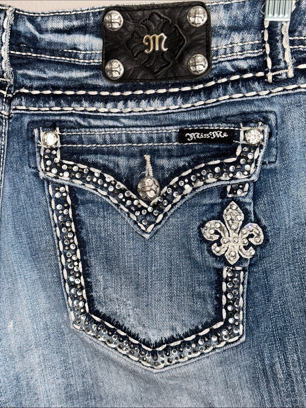 Miss Me Light Blue Rhinestone Fleur de Lis Pocket Jeans